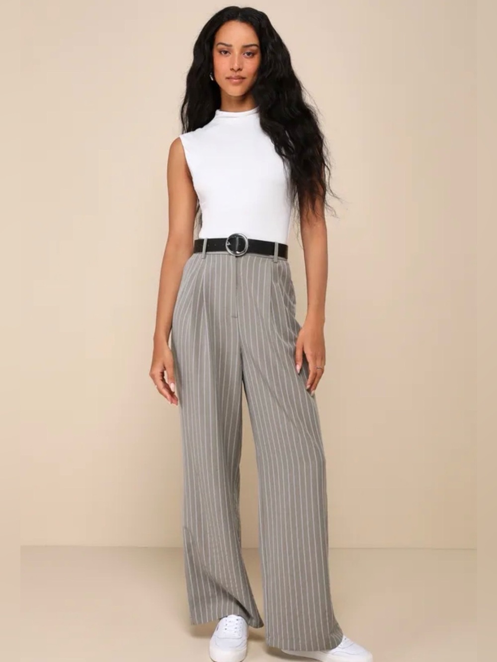Lulus Executive Energy Olive Pinstripe High Rise Wide Leg Pants XS